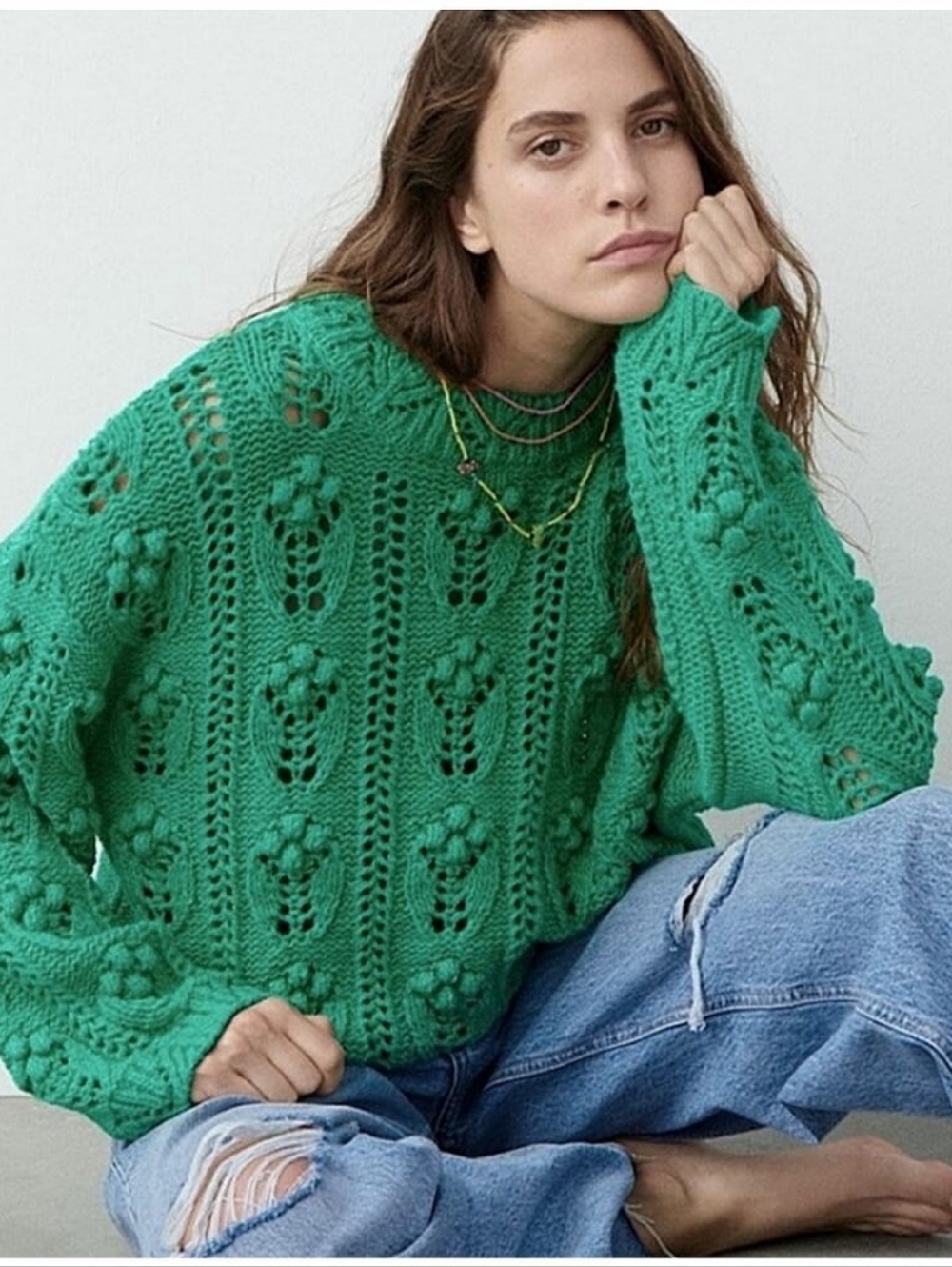 Zara Green Pom Pom Chunky Knit Crewneck Sweater Medium Blogger Favorite